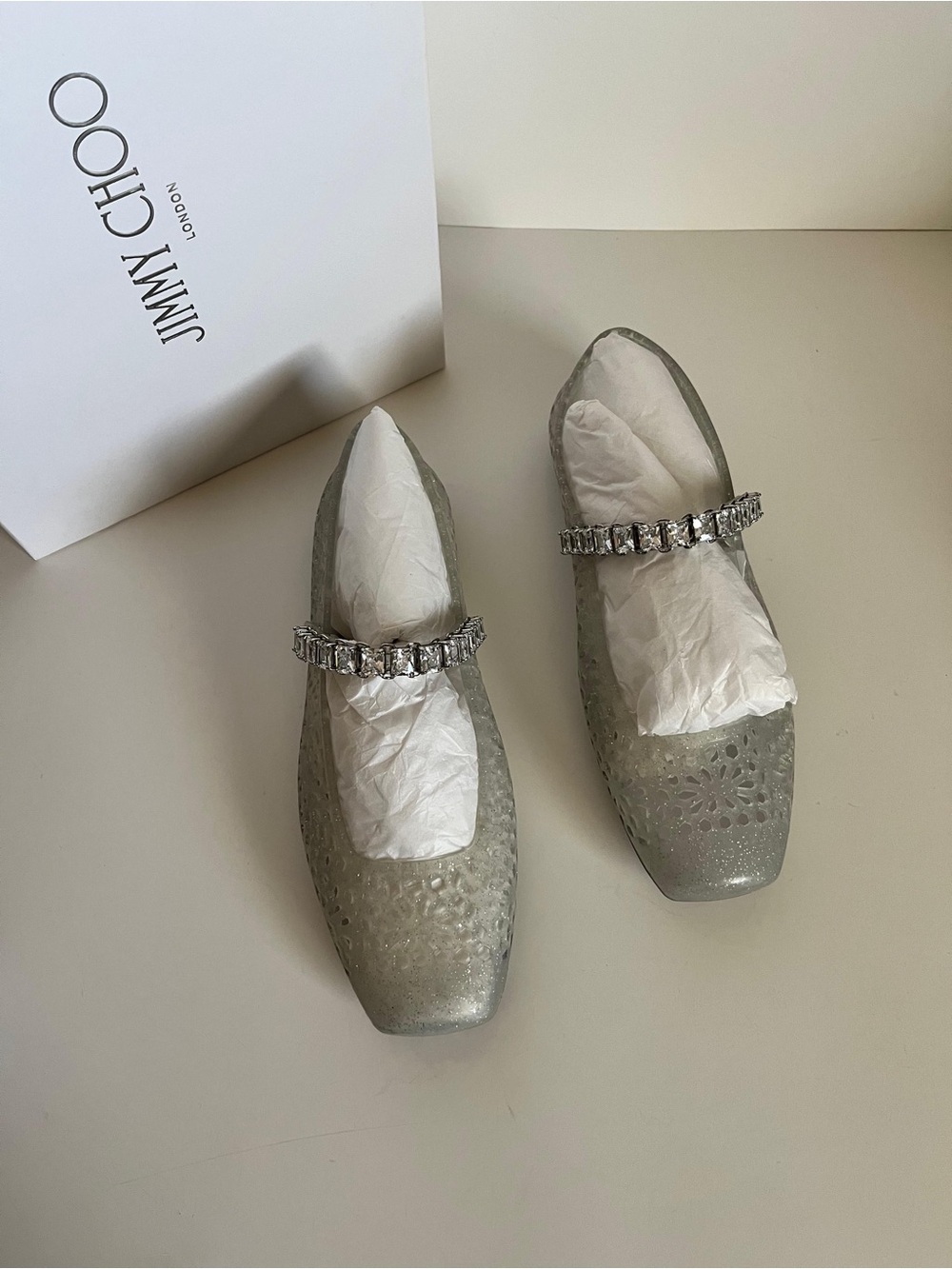 Jimmy Choo Silver Crystal-Strap Square-Toe Flats